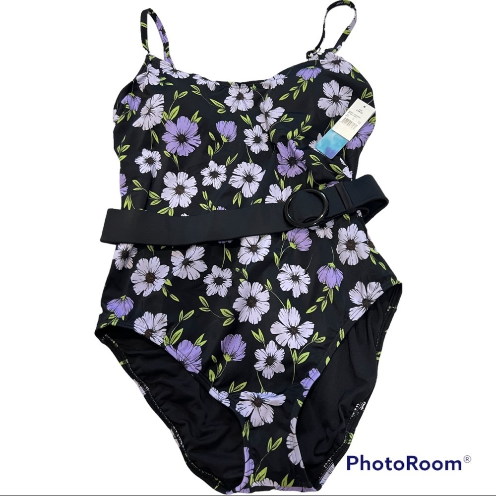 BEACH BETTY by Miracle BRANDS size L swimsuit black , purple flowers pri…